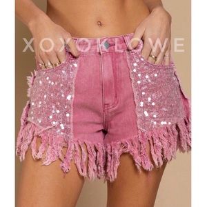 POL Sequin Embellished Drip Sparkle Bling Fringe Shorts